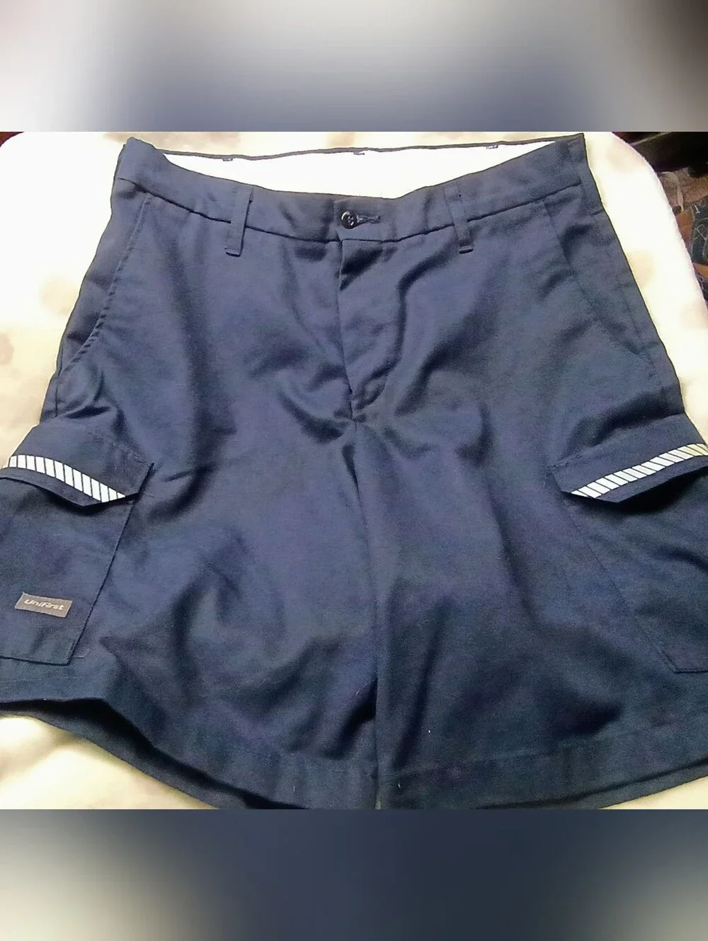 UniFirst Spotlite MV Navy Blue Reflective Striped Cargo Work Shorts Size 32
